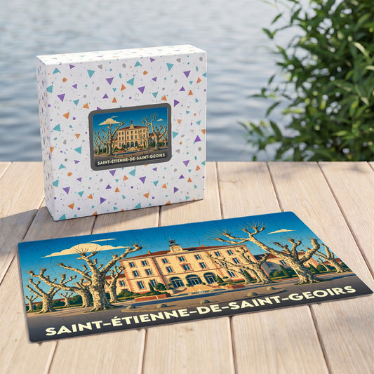 Puzzle souvenir de la ville de Saint-Étienne-de-Saint-Geoirs avec une illustration stylisée de sa mairie.
