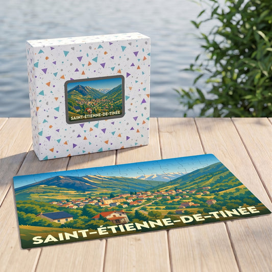Puzzle souvenir de la ville de Saint-Étienne-de-Tinée avec une illustration de paysage de montagne.