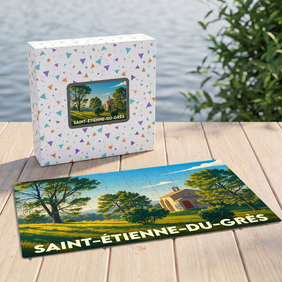 Puzzle souvenir de la ville de Saint-Étienne-du-Grès avec une illustration stylisée d'un paysage provençal.