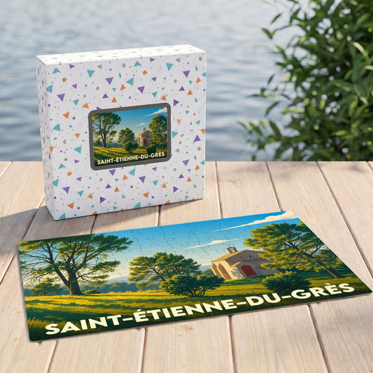 Puzzle souvenir de la ville de Saint-Étienne-du-Grès avec une illustration stylisée d'un paysage provençal.