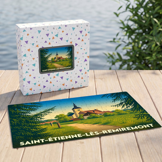 Puzzle souvenir de la ville de Saint-Étienne-lès-Remiremont avec une illustration paysagère stylisée.