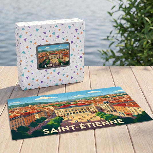 Puzzle souvenir de la ville de Saint-Étienne avec une illustration stylisée et sa boîte assortie.