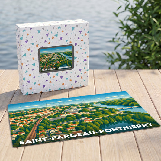 Puzzle souvenir de la ville de Saint-Fargeau-Ponthierry avec une illustration paysagère stylisée.