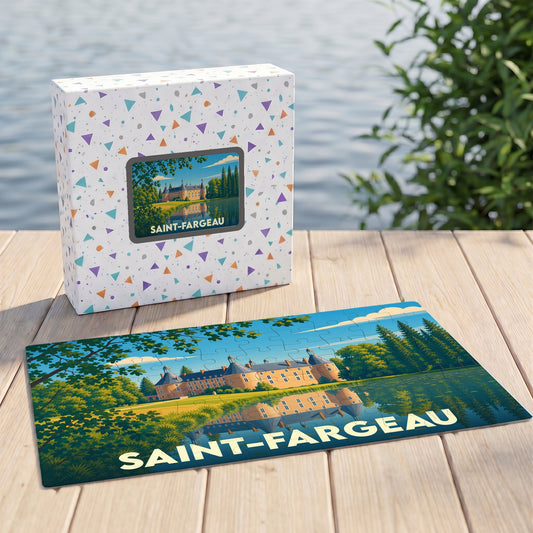 Puzzle souvenir de la ville de Saint-Fargeau avec une illustration stylisée du château.