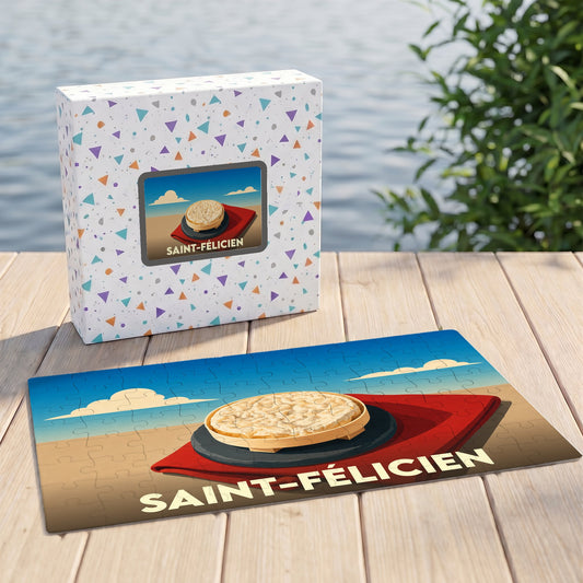 Puzzle souvenir de la ville de Saint-Félicien avec une illustration stylisée d'un fromage local.