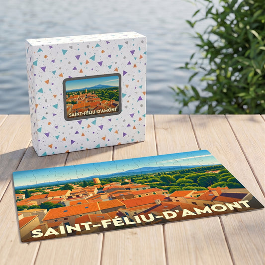 Puzzle souvenir de la ville de Saint-Féliu-d'Amont avec une illustration stylisée d'un panorama urbain ensoleillé.