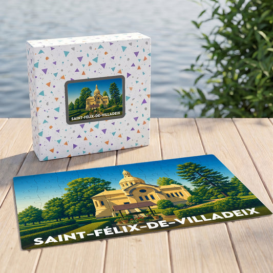 Puzzle souvenir de la ville de Saint-Félix-de-Villadeix avec une illustration stylisée de son patrimoine.