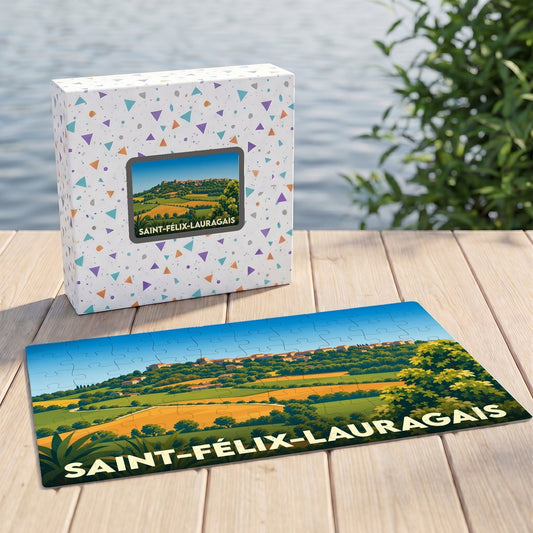Puzzle souvenir de Saint-Félix-Lauragais avec une illustration paysagère stylisée.