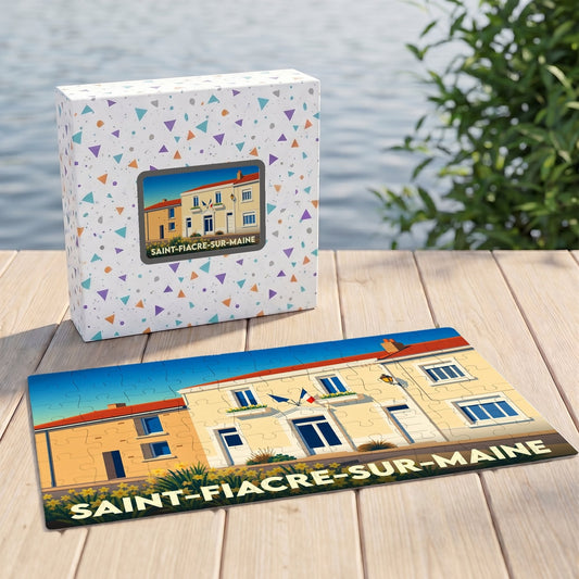 Puzzle souvenir de la ville de Saint-Fiacre-sur-Maine avec une illustration stylisée de sa mairie.