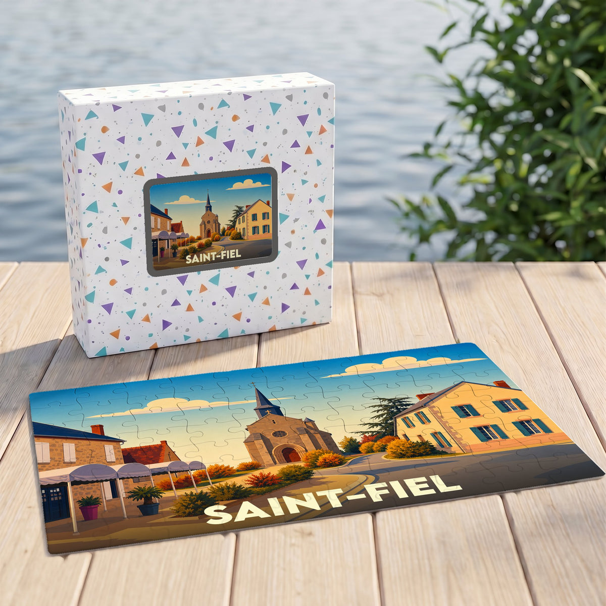 Puzzle souvenir de la ville de Saint-Fiel avec une illustration stylisée d'un paysage urbain.