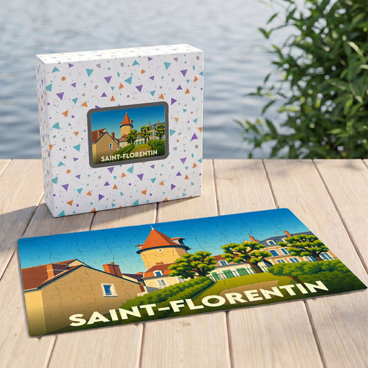 Puzzle souvenir de la ville de Saint-Florentin avec son boîtier assorti et une illustration stylisée.