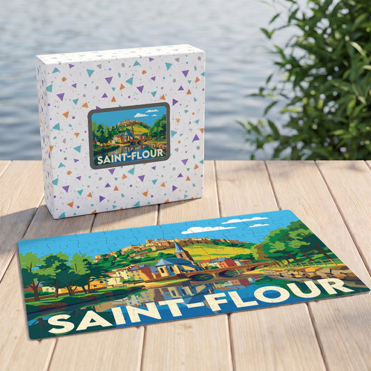 Puzzle souvenir de la ville de Saint-Flour avec une illustration stylisée et colorée.