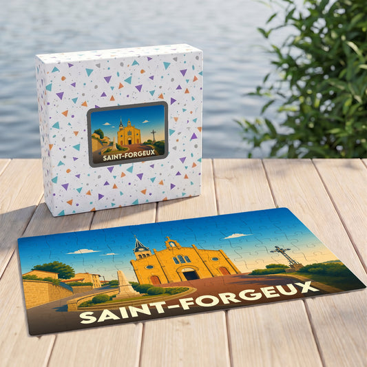 Puzzle souvenir de la ville de Saint-Forgeux avec une illustration stylisée d'une église sous un ciel bleu.