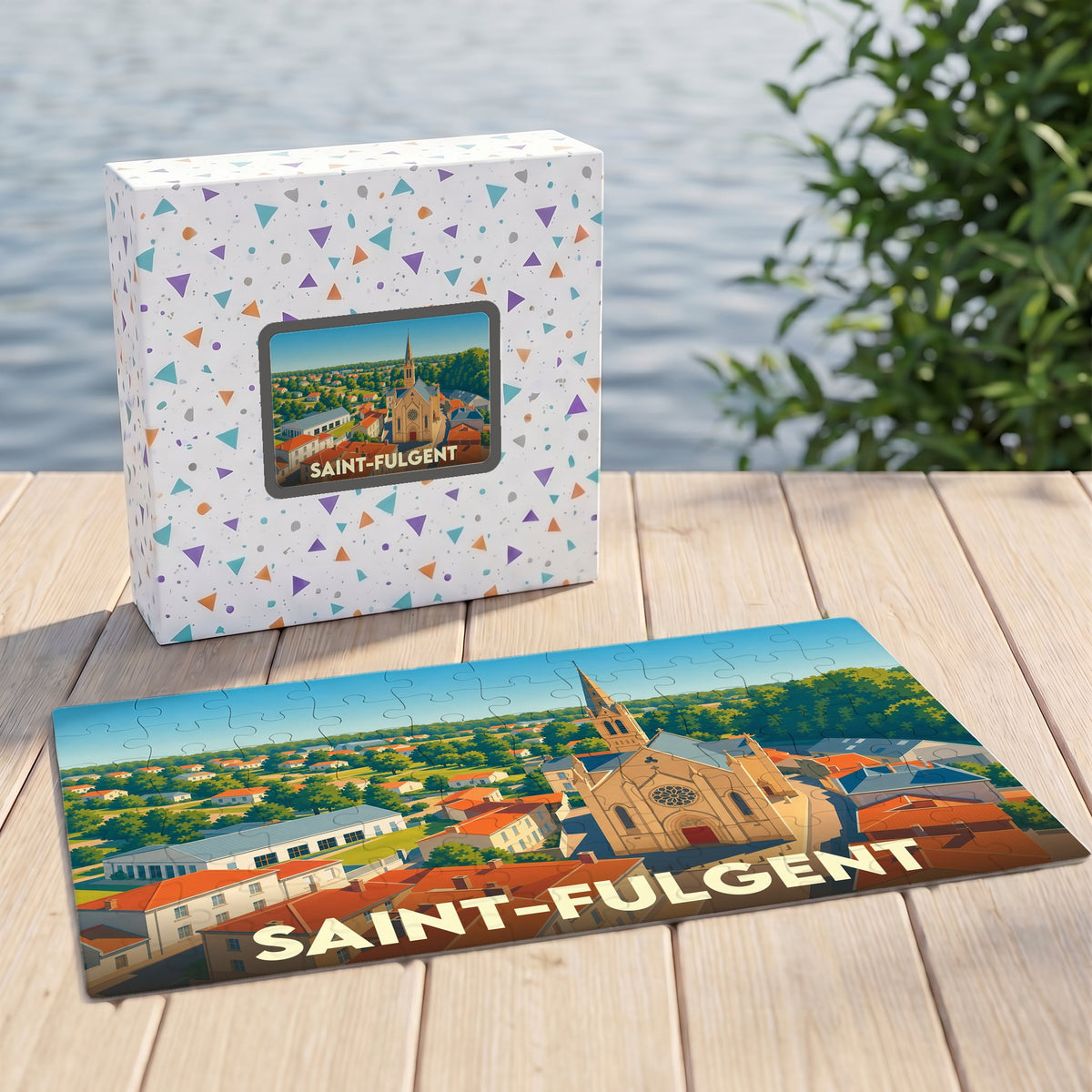 Puzzle souvenir de la ville de Saint-Fulgent avec une illustration stylisée et colorée de son église.