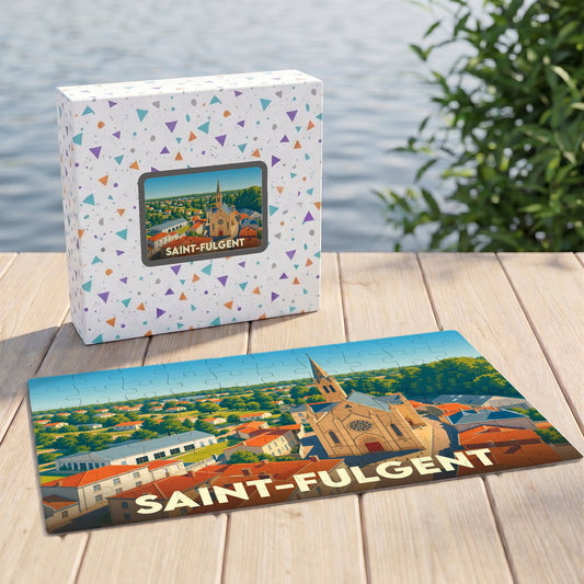 Puzzle souvenir de la ville de Saint-Fulgent avec une illustration stylisée et colorée de son église.