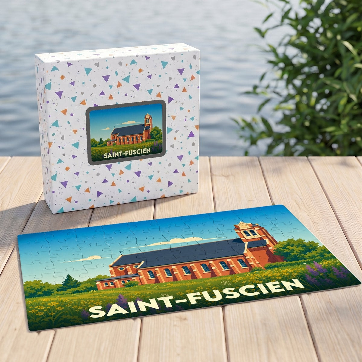 Puzzle souvenir de la ville de Saint-Fuscien avec une illustration stylisée de son église et de son paysage.