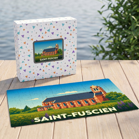 Puzzle souvenir de la ville de Saint-Fuscien avec une illustration stylisée de son église et de son paysage.