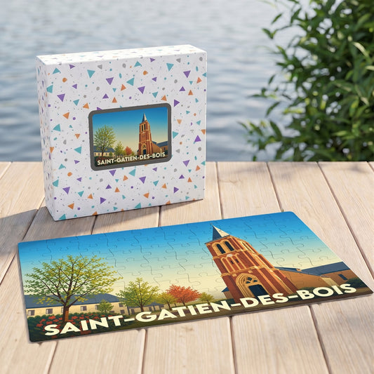 Puzzle souvenir de la ville de Saint-Gatien-des-Bois avec une illustration stylisée de son église.
