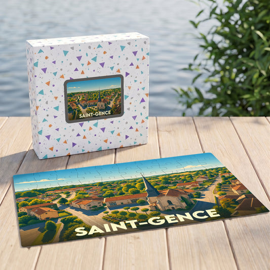 Puzzle souvenir de la ville de Saint-Gence avec une illustration stylisée.