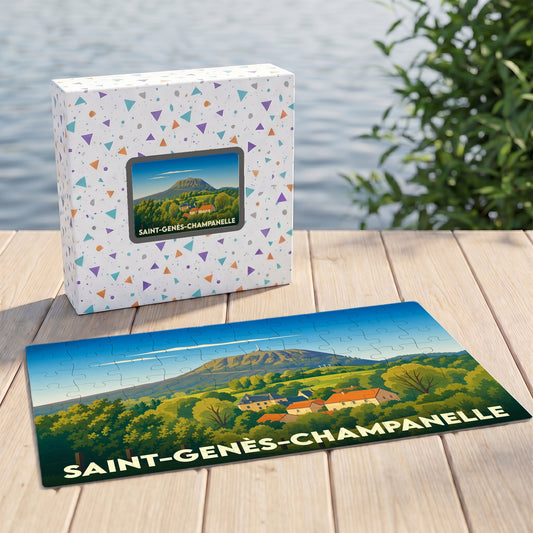 Puzzle souvenir de la ville de Saint-Genès-Champanelle avec une illustration stylisée de son paysage volcanique.