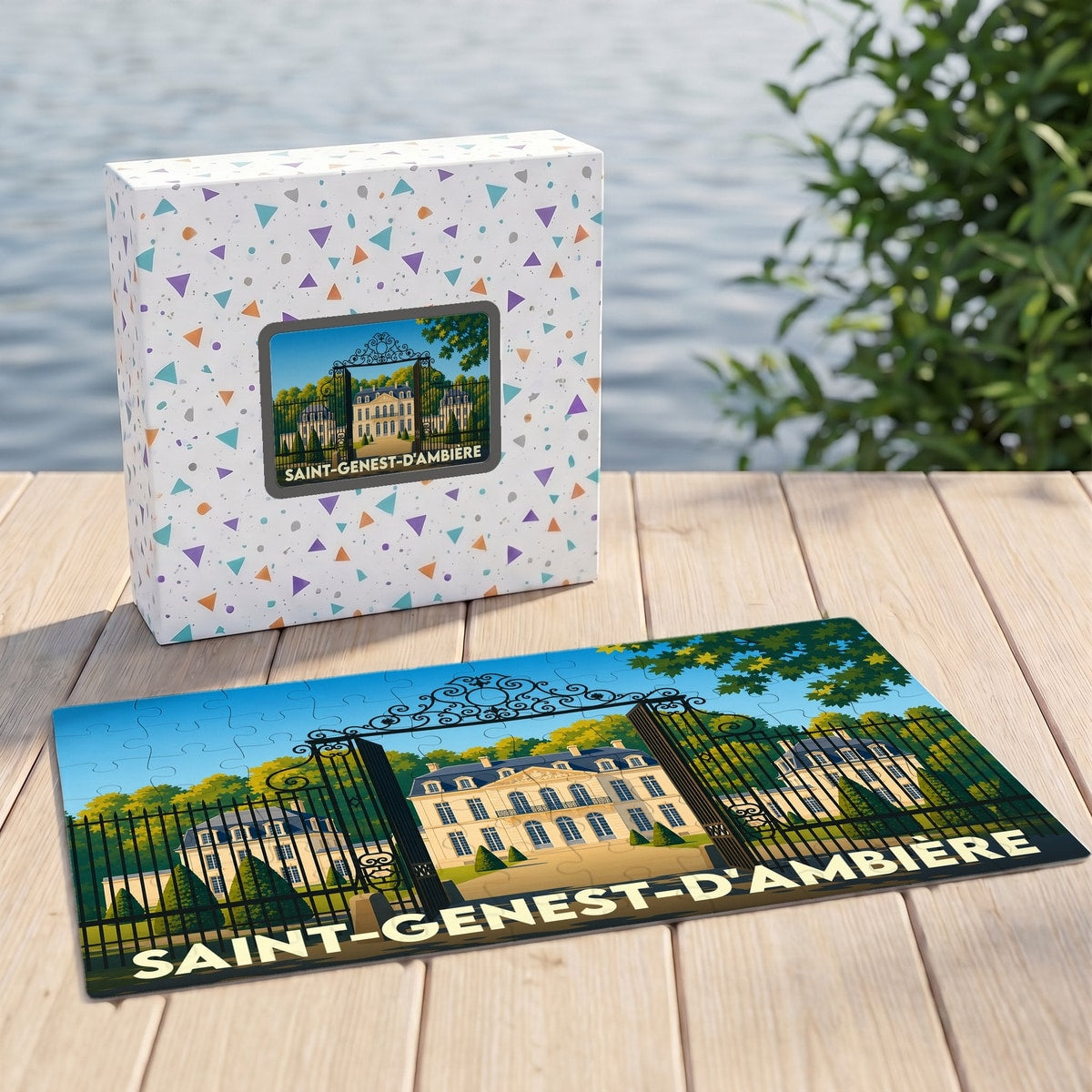 Puzzle souvenir de la ville de Saint-Genest-d'Ambière illustré d'un château derrière sa grille.