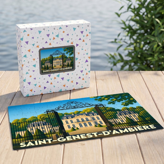 Puzzle souvenir de la ville de Saint-Genest-d'Ambière illustré d'un château derrière sa grille.