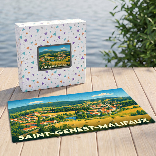 Puzzle souvenir de Saint-Genest-Malifaux présentant une illustration panoramique et colorée du village.