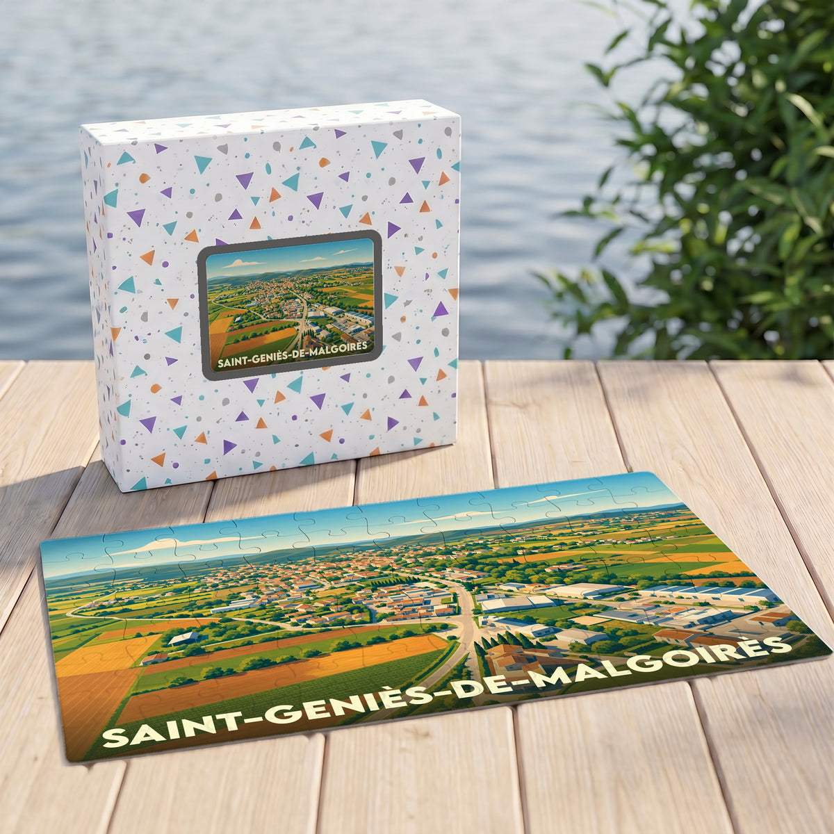 Puzzle souvenir de la ville de Saint-Geniès-de-Malgoirès avec une illustration stylisée de son paysage urbain et rural.