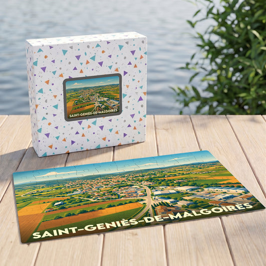 Puzzle souvenir de la ville de Saint-Geniès-de-Malgoirès avec une illustration stylisée de son paysage urbain et rural.