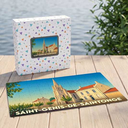 Puzzle souvenir de la ville de Saint-Genis-de-Saintonge avec une illustration stylisée de son église et de ses bâtiments.