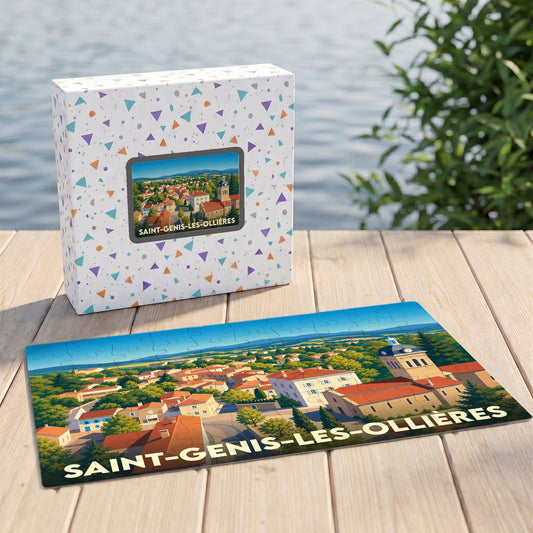 Puzzle souvenir de la ville de Saint-Genis-les-Ollières avec une illustration panoramique stylisée.