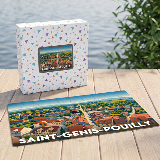 Puzzle souvenir de la ville de Saint-Genis-Pouilly avec une illustration stylisée et colorée.