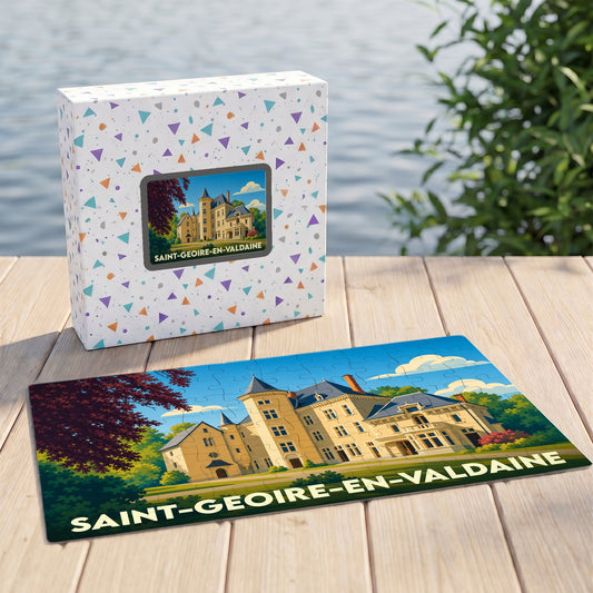 Puzzle souvenir de la ville de Saint-Geoire-en-Valdaine avec une illustration stylisée de son château.