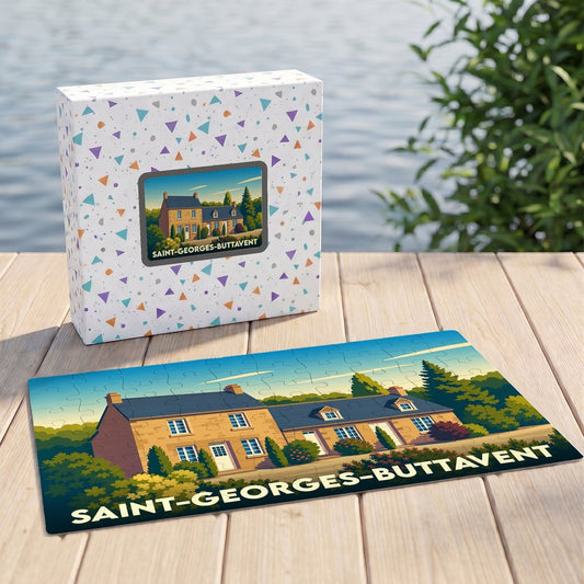 Puzzle souvenir de la ville de Saint-Georges-Buttavent avec une illustration stylisée d'une maison de campagne.