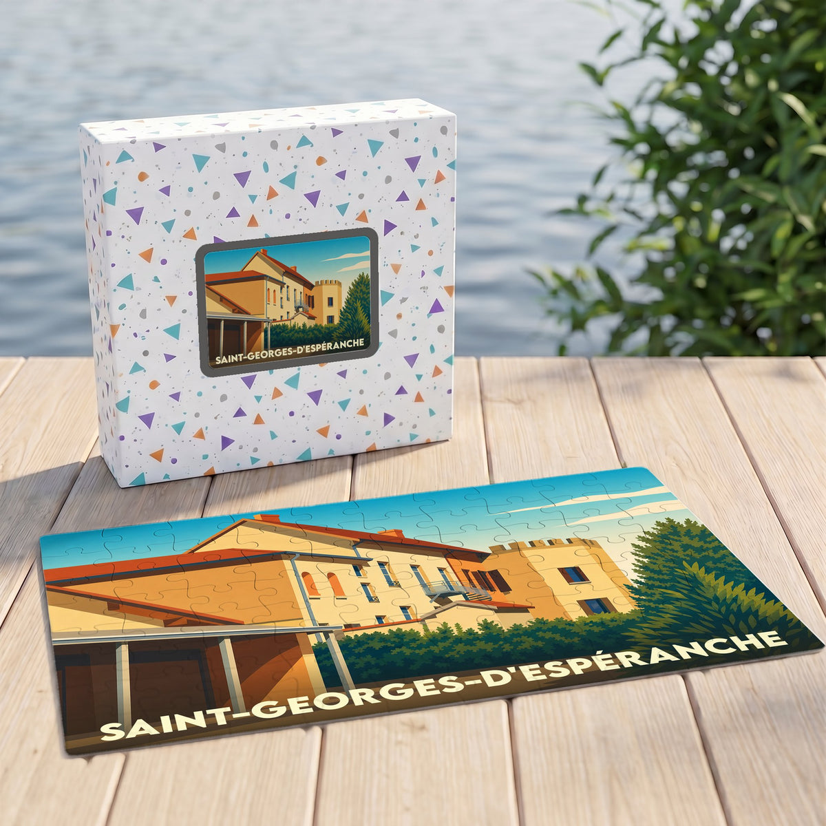 Puzzle souvenir de la ville de Saint-Georges-d'Espéranche avec une illustration stylisée de ses bâtiments emblématiques.