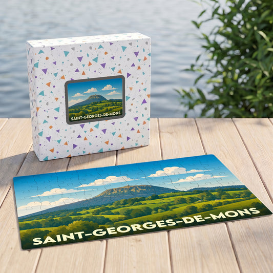 Puzzle souvenir de la ville de Saint-Georges-de-Mons avec une illustration stylisée de ses paysages vallonnés.