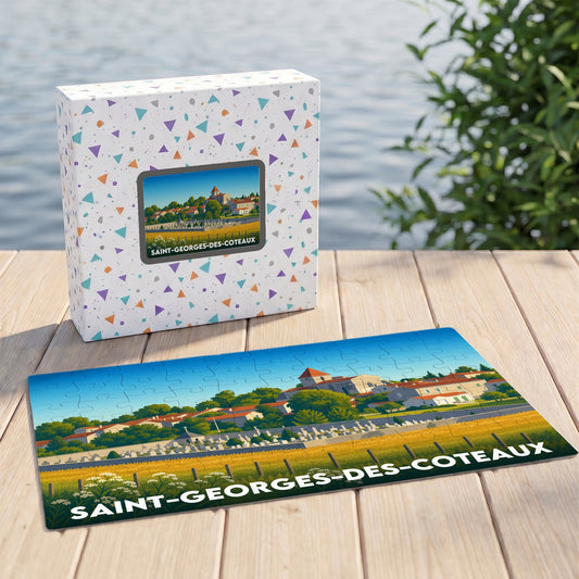 Puzzle souvenir de la ville de Saint-Georges-des-Coteaux illustré d'une vue panoramique stylisée du village et de son église.