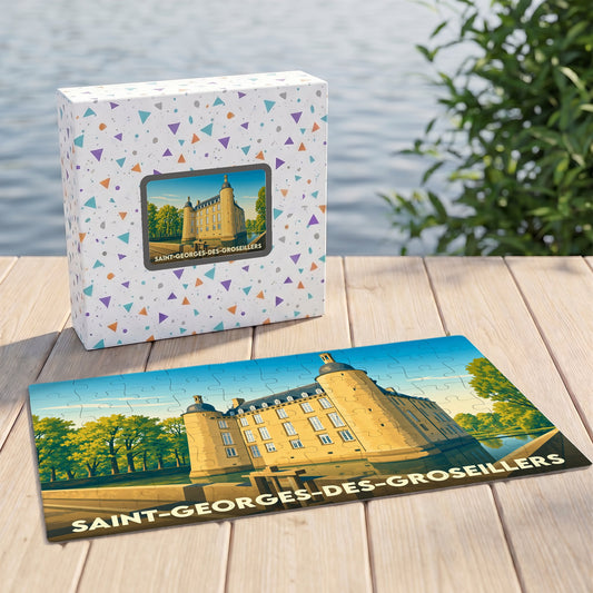 Puzzle souvenir de la ville de Saint-Georges-des-Groseillers illustrant son château dans un style épuré.