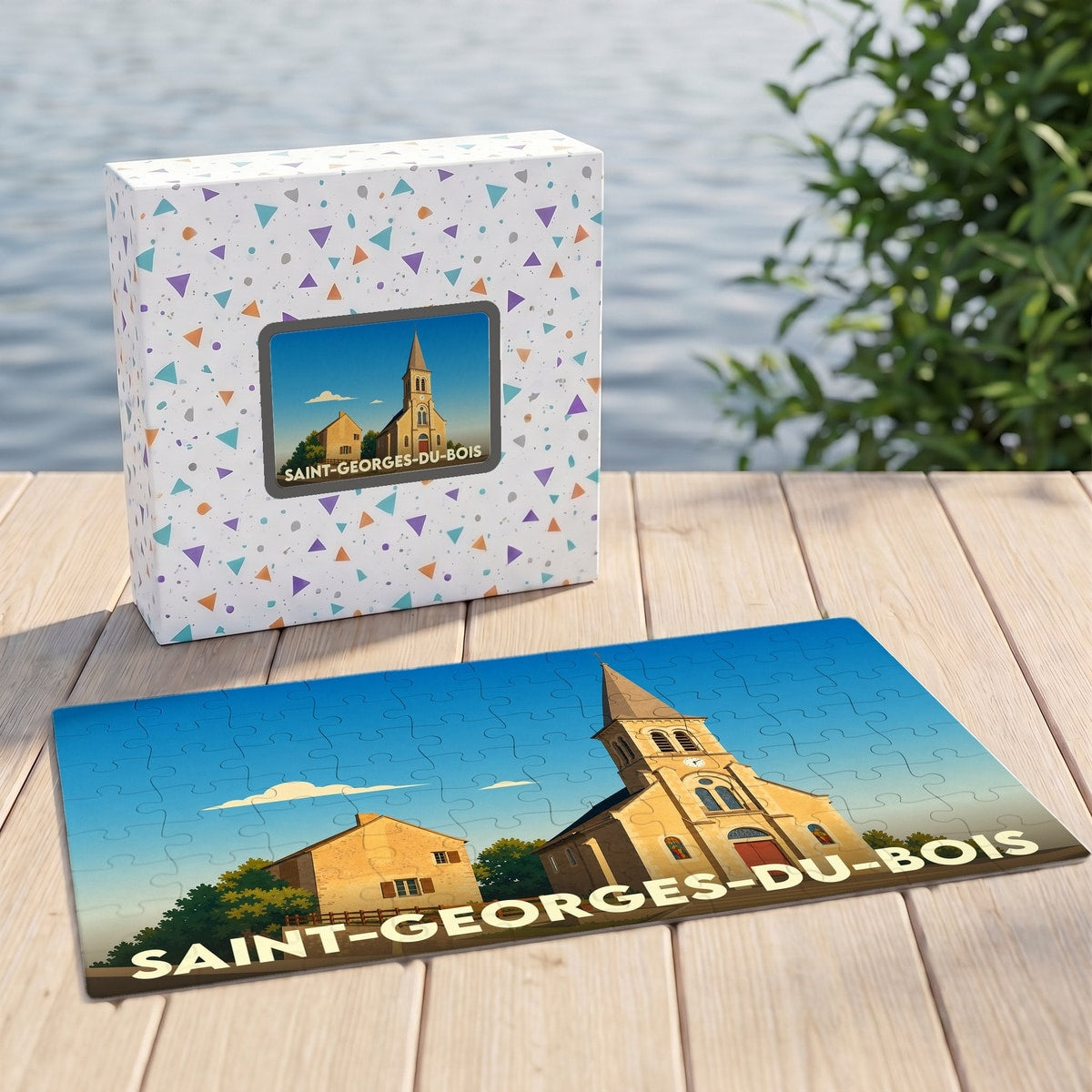 Puzzle souvenir de la ville de Saint-Georges-du-Bois avec une illustration stylisée de son église.