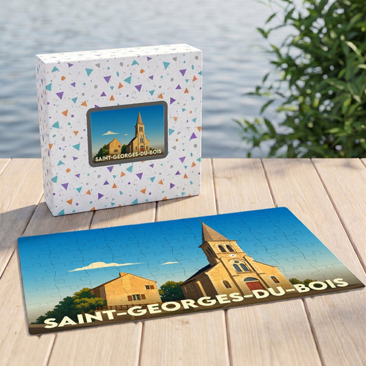 Puzzle souvenir de la ville de Saint-Georges-du-Bois avec une illustration stylisée de son église.