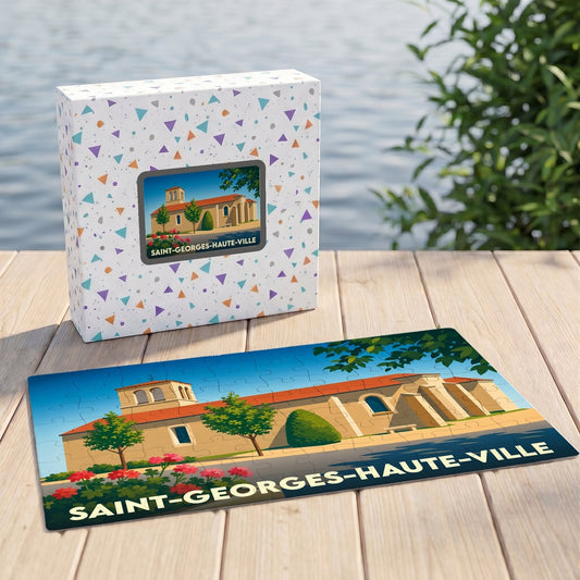 Puzzle souvenir de la ville de Saint-Georges-Haute-Ville avec une illustration stylisée.