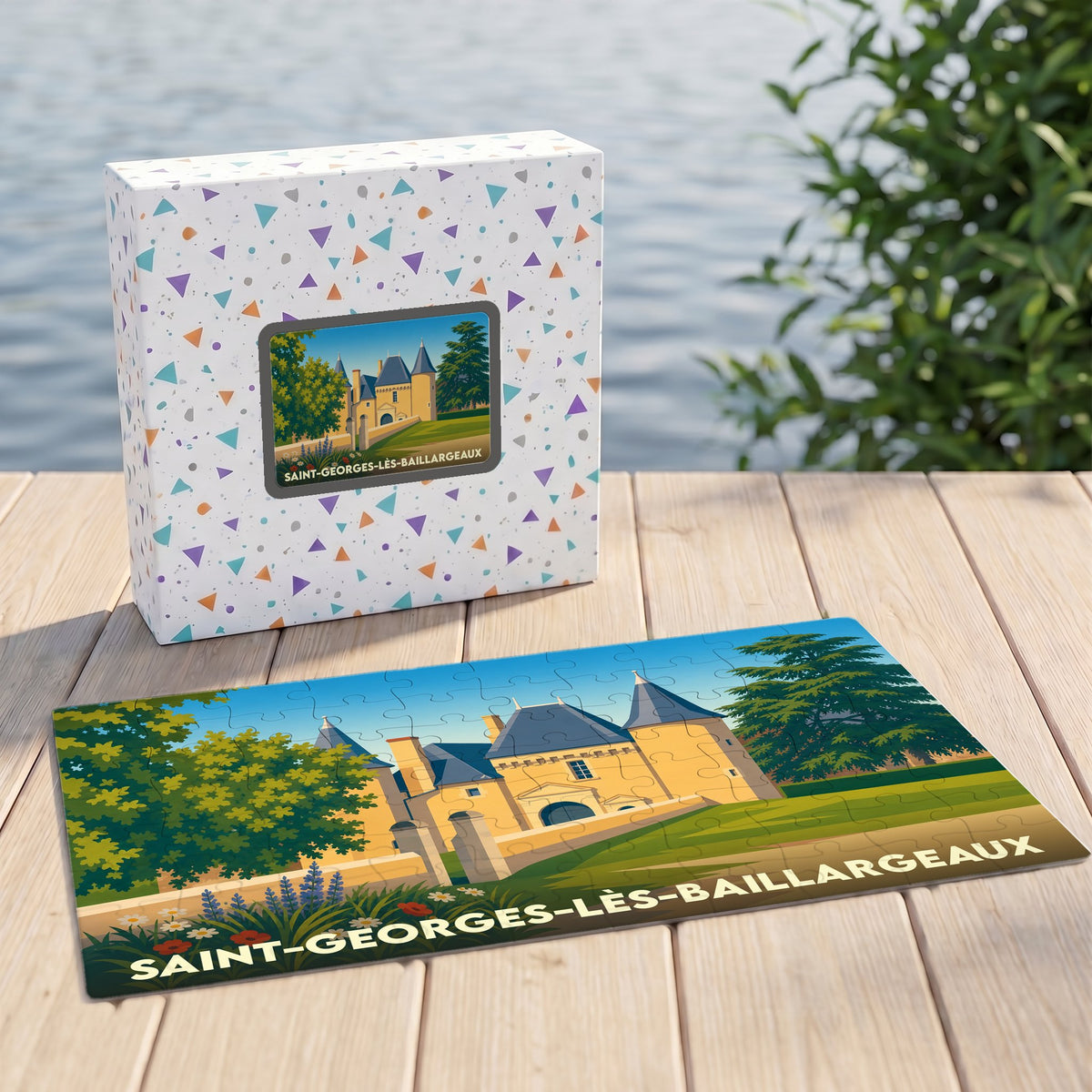 Puzzle souvenir de la ville de Saint-Georges-lès-Baillargeaux avec une illustration stylisée de son château.