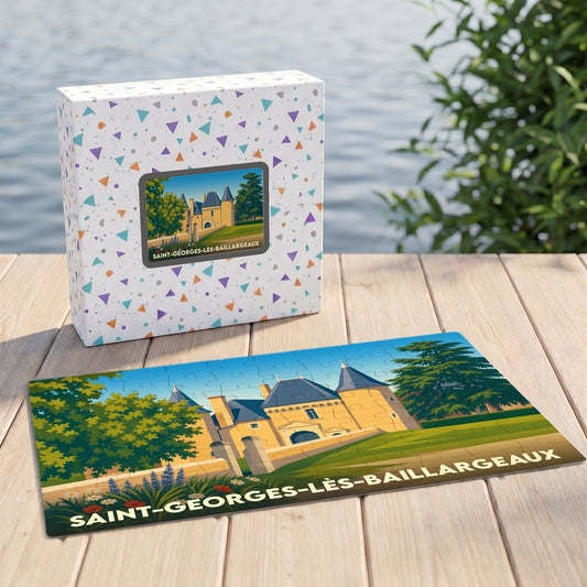 Puzzle souvenir de la ville de Saint-Georges-lès-Baillargeaux avec une illustration stylisée de son château.