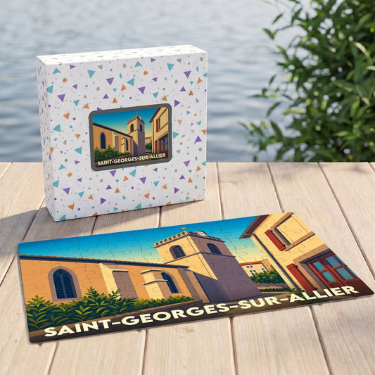 Puzzle souvenir de Saint-Georges-sur-Allier présentant une illustration stylisée de la ville et sa boîte assortie.