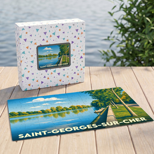 Puzzle souvenir de la ville de Saint-Georges-sur-Cher avec une illustration stylisée de ses bords de rivière.
