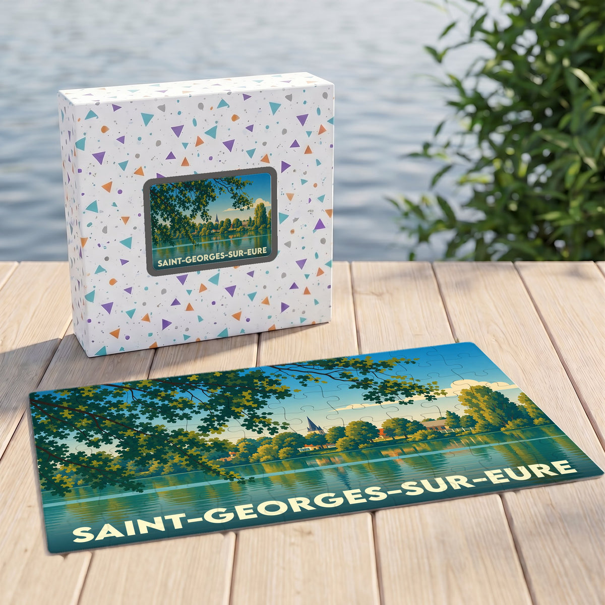 Puzzle souvenir de la ville de Saint-Georges-sur-Eure avec une illustration stylisée d'un paysage de bord d'eau.