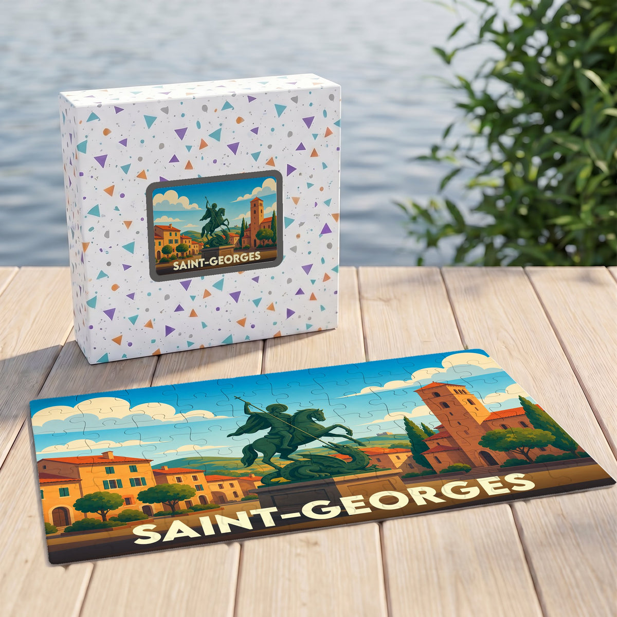 Puzzle souvenir de la ville de Saint-Georges avec une illustration stylisée d'une statue équestre et son coffret assorti.