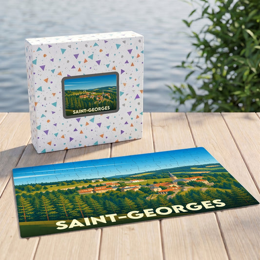 Puzzle souvenir de la ville de Saint-Georges avec une illustration panoramique stylisée.