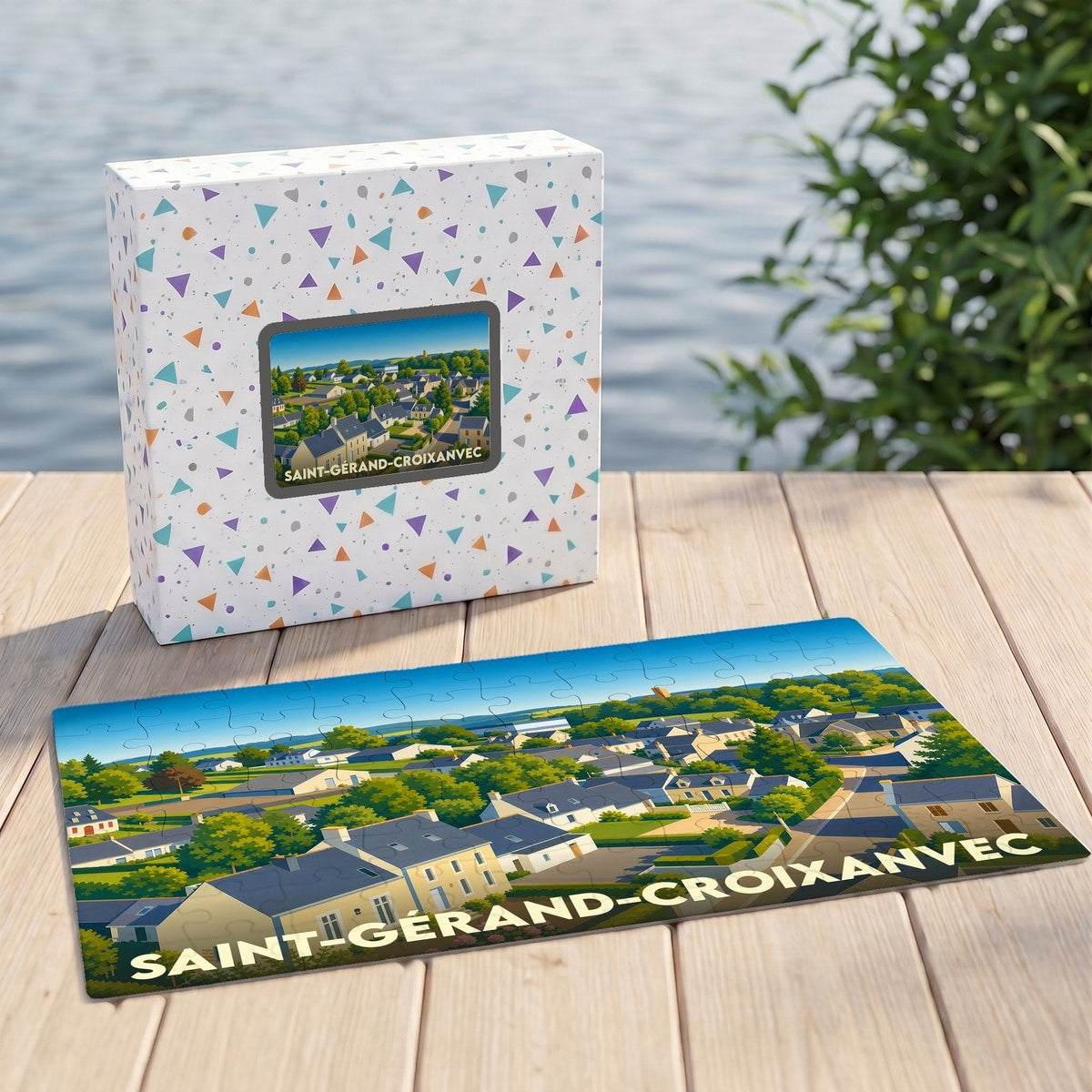 Puzzle souvenir de la ville de Saint-Gérand-Croixanvec avec une illustration paysagère stylisée.