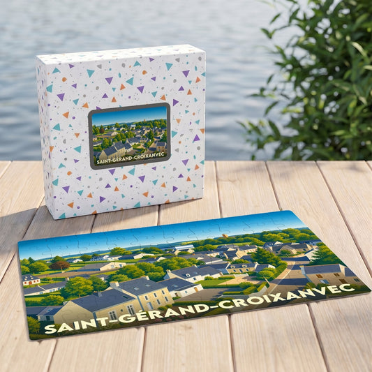 Puzzle souvenir de la ville de Saint-Gérand-Croixanvec avec une illustration paysagère stylisée.